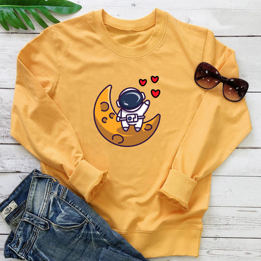 Astronaut Love Printed Round Neck Long Sleeve Hoodie
