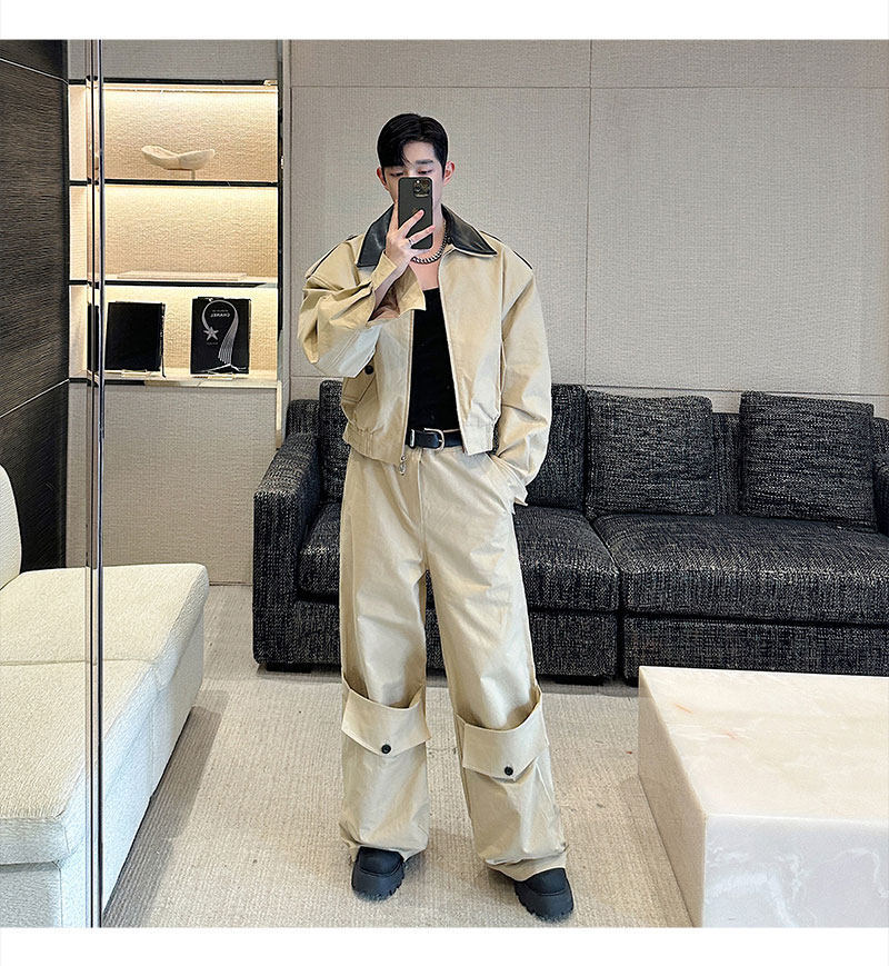 Men's Casual Cropped Collar Leather Patch Jacket &amp; Wide Leg Cargo Pants 2-Piece Set