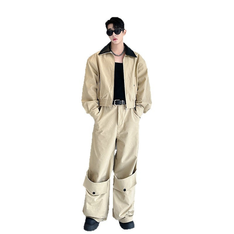 Men's Casual Cropped Collar Leather Patch Jacket &amp; Wide Leg Cargo Pants 2-Piece Set